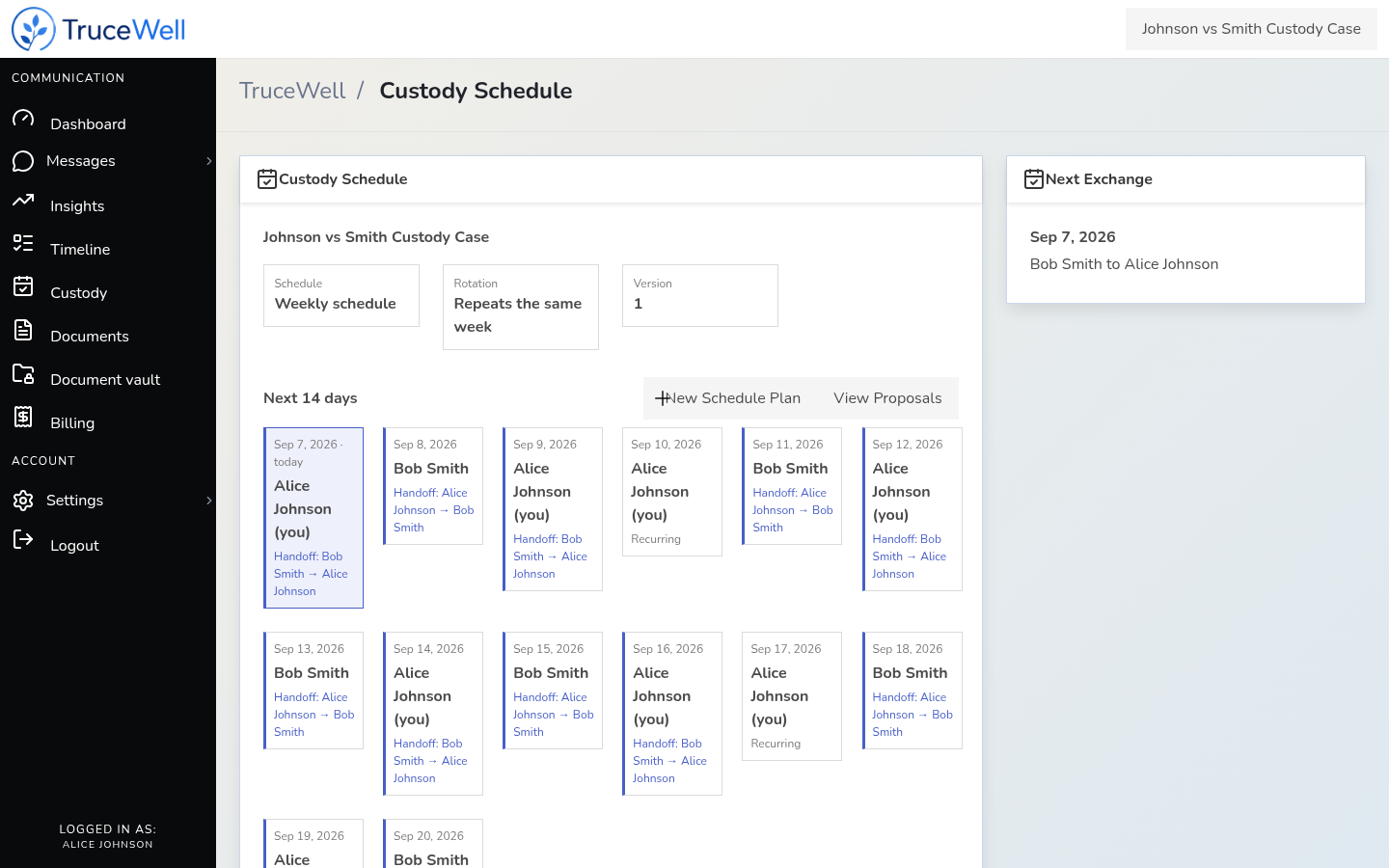 TruceWell custody schedule