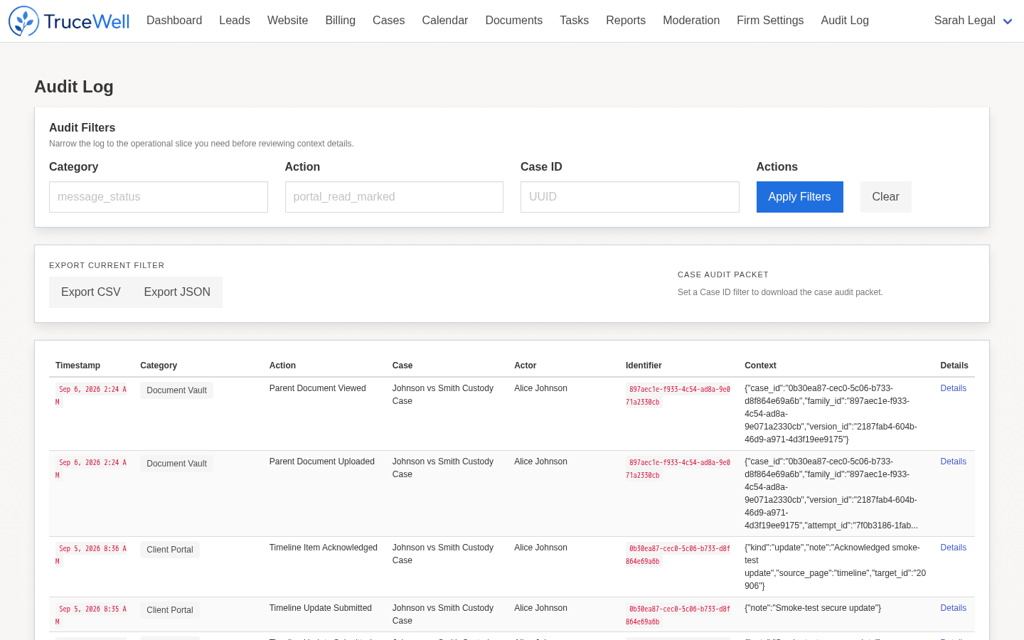 TruceWell audit log