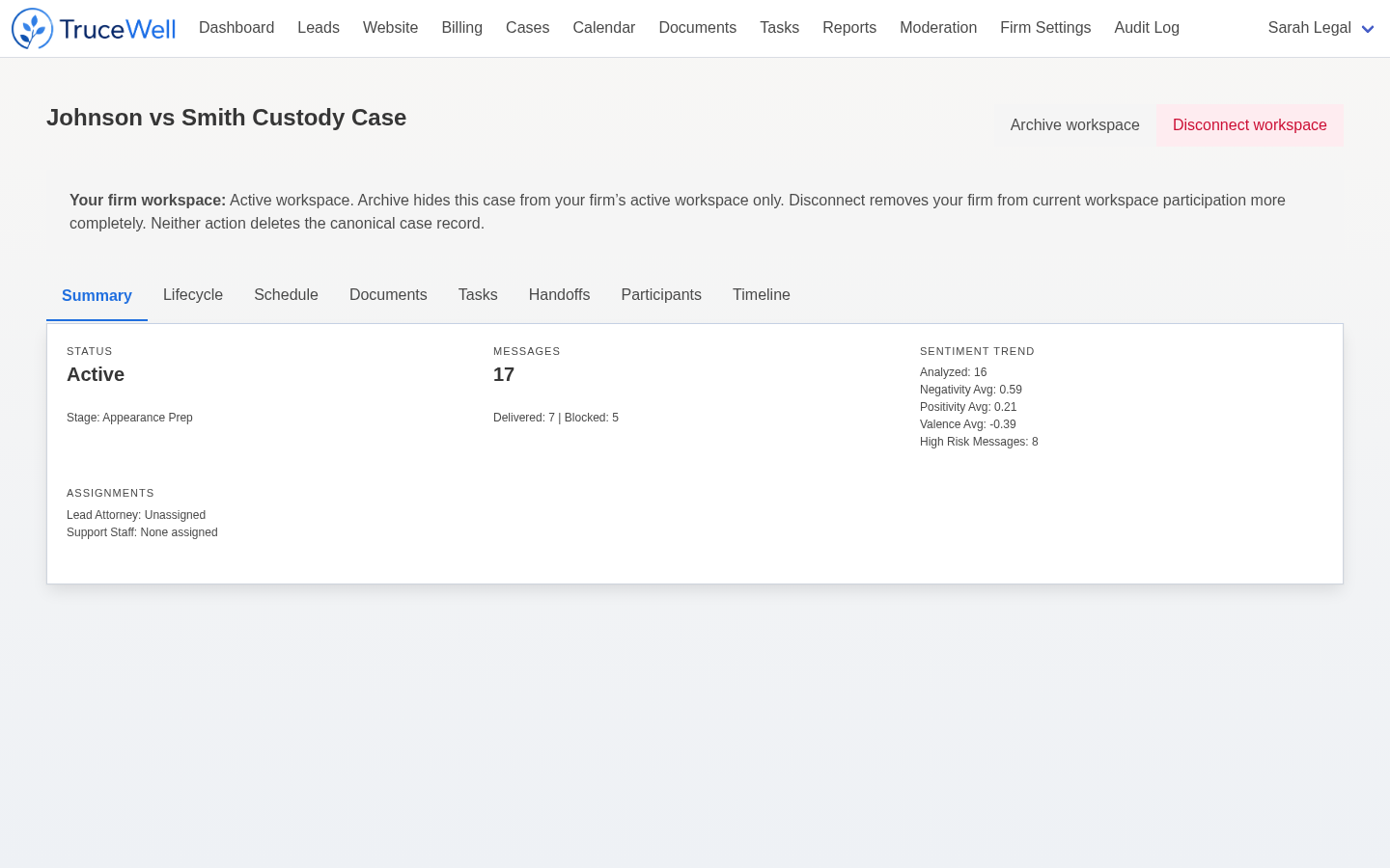 A family-law case workspace in TruceWell